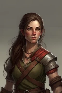 older broad female half elf brown hair fighter