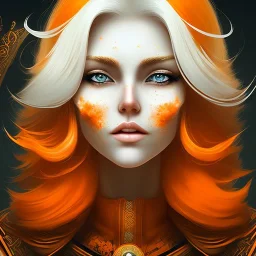 fantasy setting, woman, orange and white hair, wavy hair, freckles, ranger, more orange hair, more white hair