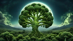 A broccoli moon that looks like a happy origin head fractal broccoli above a landscape, chiaro scuro, intricate background HDR, 8k, epic colors, fantasy surrealism, in the style of Albrecht Dürer, masterpiece