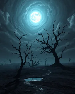 Render a desolate landscape with gnarled, twisted trees reaching towards a turbulent, starry sky. A single, radiant moon casts an ethereal glow over the scene, illuminating a path that winds through the barren terrain. Amidst the desolation, a small pool of water reflects the moon's light, offering a glimmer of serenity within the gloom.