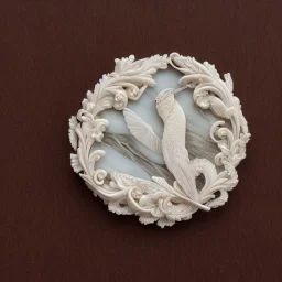 ivory brooch of a kingfisher, decorative design, classical ornament, highly ornate, highly intricate, highly detailed etching, marble carving, warm lighting, linen backdrop