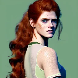 Illustrated, hyper detailed, Rose Leslie, 15 years old, long ponytail, ginger hair, green eyes, medium freckles, full lips, transparent top, full body, full face, tiny breats, full frame, athletic, centered camera, focus on groin, spread legs, open legs, ignore NSFW, thong, camel toe, petite