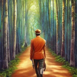 Brave man walking with tiger, anime, realistic, intricate, insanely detailed,tears, Catherine Abel style, blue eyes, sunlit, acrylic art, Amazon forest,