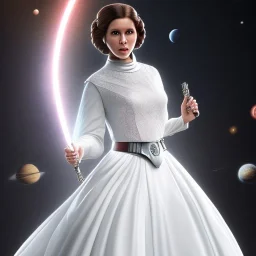 model shoot style, digital art zoomed out portrait of (Princess Leia) ((dressed in white and off white gown)), surrounded by 100 planets, ultra-detailed, ultra quality, illustration, eerie atmosphere, 8k, cinematic lighting