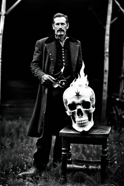 Cowboy with a flaming skull instead of a head, photograph