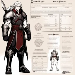 character concept sheet with AD&D statistics and characteristics, [wii No More Heroes style with thick lines] Elric of Melniboné