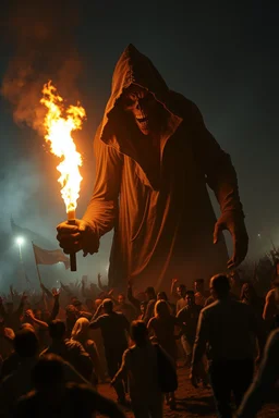 A giant scary hooded creature holding a flame chasing from a distance a Thousand of people running scared toward the camera at night