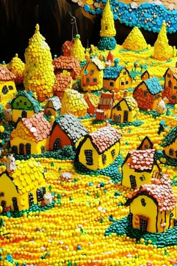 A yellow village made out of candy designed in Kuna molas painted by Jackson Pollock