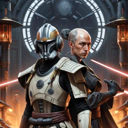 star wars bald male corellian pilot wearing pearlescent black and gunmetal grey First Order special forces heavy assault stealth commando armor and helmet with gold trim inside the jedi temple, hyperdetailed, dynamic lighting, hyperdetailed background, 8k resolution, volumetric lighting, light skin, fully symmetric details