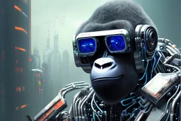 Create a painting of a cyberpunk-style robotic cyborg gorilla in a 3/4 view. It should wear bridge-less rectangular goggles and a high-tech cybersuit with reflective black plastic, rusted metal, and various wires. The gorilla should be looking to the side, illuminated by harsh, high-contrast lighting from the top right.