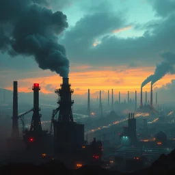 en framtidsvision med industri, robotar och en överhypad storstad, neon och rök, smog från stora industrier i bakgrunden som ryker från skorstenar, öde landskap, dystopi, simon stålenhag style