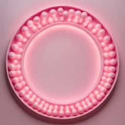 A pink round picture frame with round light bulbs all around on a light background to remove