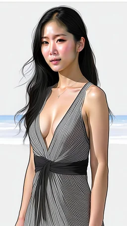 4K Photorealism : 30 year old Asian woman with a full body with a proportional body, symmetrical face, precise clean brown eyes, long flowing hair, precise chest accentuation, showing typical Japanese clothing