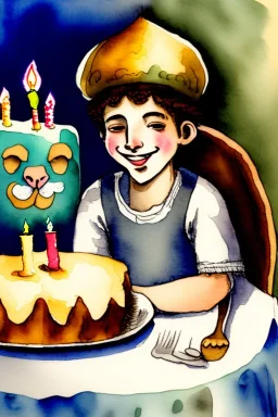 A cute smiling jewish boy with a kippah is sitting at a table, together with a lion and a birthday cake. Watercolour