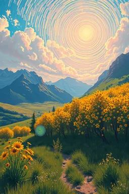 Spirituality without being able to control your reality is vanity; lowbrow pop art version of a soul in a sunny Van gogh-like Post-Impressionistic dreamy landscape