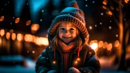 Little girl with christmas lights enjoying the holidays outdoors in snowfall. Happy cute child girl playing with Chistmas festive lights. digital ai