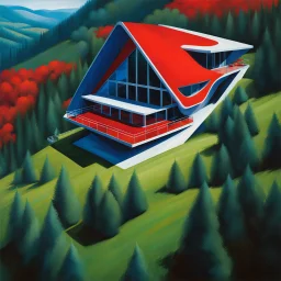 Aerial view of the hillside cabin Zaha Hadid dress, trees,digital bar, hyper-detailed, red and blue colors, 8k oil painting