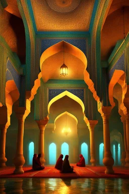 Inside a Moghul mosque in Rajastan at night, gleaming, harmonious, incandescent by artist "Igor Zenin"