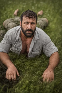 aerial top view half figure shot photography of an ugly 32 year old stocky robust burly turkish carpenter , relaxing in the meadow, , hands behind the head , wearing bulging shorts, shirtless, hairy chest, manly chest, manly legs, serious, very virile, short beard, shaved hair, under the rain, wet, in a rainy day, photorealistic