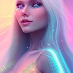 Smiling happy cosmic girl, jewels, realistic long blond hair, blue eyes, pink glossy lips, cinematic lights, HQ, 4k, high details