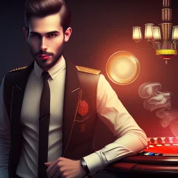 up close portrait of handsome man with smoking and people in the back and a dark wooden wall,roulette table, shiny fork and knifes on dinner table with cloth, fantasy art book cover