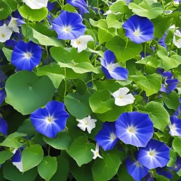 there are pretty blue and white morning glory vines with flowers grown up