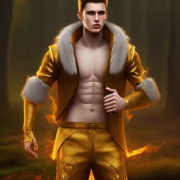 Male, Human, Blond, Sorcerer, Fire Mage, Golden Eyes, Young, Photorealism, Full Body Shot, Forest Background