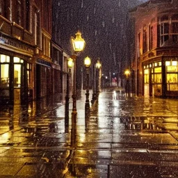 Victorian city street rainy night