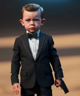 James bond toddler, full body, gun, car, dramatic lighting, hyper realistic