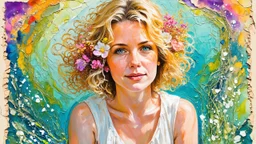 abstract art complementary colors fine details , old torn worn paper, high grain, portrait blonde , flowers in hair, acrylic, alcohol ink, fine drawing, A blonde woman in her 40s, with flowers woven into her loose, curly hair, sits in a whimsical, fairytale setting, surrounded by delicate swirling patterns reminiscent of the textures of old torn paper, in a vibrant, abstract style combining acrylic and alcohol ink techniques, with fine detailing that highlights complementary colors, in the expre