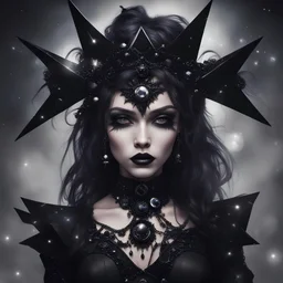 The obsidian stars are like gemstones embellishing her beauty, in gothic punk art style