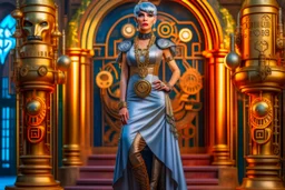 full body and headshot of a skinny Cleopatra, with a silver bob hairstyle, standing in a steampunk setting.