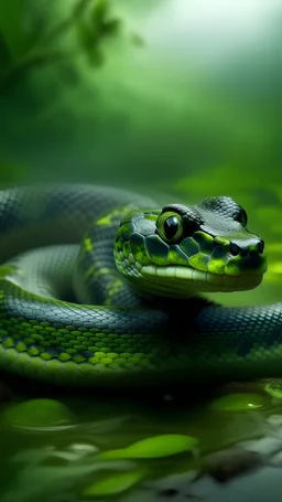 The green anaconda snake with green fog background and water