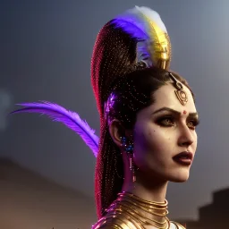 pretty Arabian cyber woman, cold ambient, latex, cables, purpurin, blood, black, gold, piercings, brown, decorative color feathers, circuits, neon style, a lot of led lights, fog, rain, vibrant color, highly detailed, art stations, concept art, smooth, unreal engine 5, god rays, ray tracing, RTX, lumen lighting, ultra detail, volumetric lighting, 3d, finely drawn, high definition, high resolution.