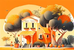 House illustration, realistic, detailed, illustrative, childrenbook style, Orange house, tangerine and orange trees, plants