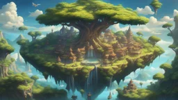 anime zelda artwork style, Highly detailed, 1 gorgeous flying island, Yggdrasil, medieval fantasy city