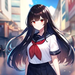 Clear Focus, High resolution, Black long hair, Red eyes, Wearing a sailor uniform