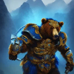 An angry bear warrior in blue and gold armor, background of Inka jungle, high detail, smooth, realistic, digital illustration, Artstation, artgerm,