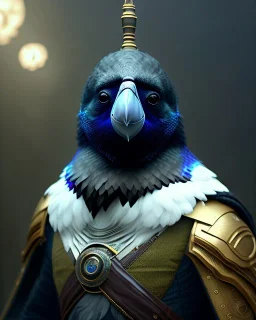 black feathered, rogue, mysterious Kenku male, bird, full-scale head and shoulders portrait, 8k resolution concept art portrait by Greg Rutkowski, Artgerm, WLOP, Alphonse Mucha dynamic lighting hyperdetailed intricately detailed Splash art trending on Artstation triadic colors Unreal Engine 5 volumetric lighting Splash art fantasy.