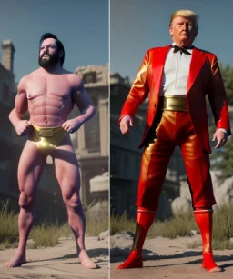 Donald trump fighter wrestling, naked torso, color breeches, suspenders, retro style, 80s, hot ambient, photo studio, red, gold, vibrant color, gradient, highly detailed, art stations, concept art, smooth, unreal engine 5, god rays, ray tracing, RTX, lumen lighting, ultra detail, volumetric lighting, 3d, finely drawn, high definition, high resolution.