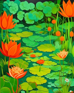 Green wetlands with fiery orange lilies designed in Chinese paper art painted by Henri-Robert Bresil