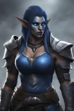 a female orc , blue eyes, muscular, digital art, in heavy armor, dark blue skincolor