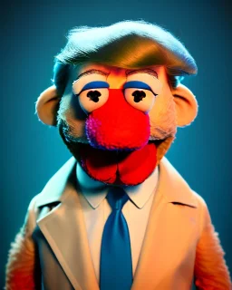 Waist up Portrait, Donald trump muppet, Sesame Street style, retro style, photo studio, soft color, blue background, unreal engine 5, ray tracing, RTX, lumen lighting, ultra detail, volumetric lighting, 3d.