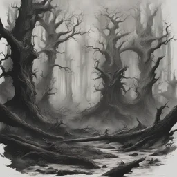 Generate a visually striking artwork that depicts a primal evil dark forest, drawing inspiration from dark mythology and biblical references. Incorporate elements of chaos, destruction, and a foreboding atmosphere.