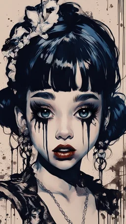 Poster in two gradually, a one side malevolent goth vampire girl face and other side the Singer Melanie Martinez face, full body, painting by Yoji Shinkawa, darkblue and sepia tones,