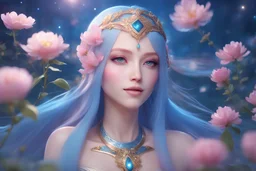 beautiful galactic goddess, full body, nice eyes, pure harmony, soft pink, soft blue, smile, galactic, magic, transcendent, long straight blue hair, goodness, divine, warm look, fantastic magical flowers background, ultra sharp focus, ultra high definition, 8k, unreal engine5
