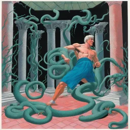 #5 Original Art by David Hockney (Vortex Comic, 1988): [greek god model in flesh] Trapped in a forgotten temple, a man fights against two immense serpents. his face contort in pain, muscles straining against the relentless grip. His struggle embodies resilience and the pursuit of freedom. In the decaying ruins, his defiance resonates deeply. With unwavering determination, he refuses to yield. Bound by an unbreakable bond, he draw strength from each other. his battle echoe