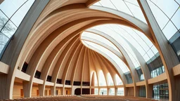 A monumental concert hall with a series of towering catenary arches forming the structure’s main skeleton. The smooth, natural curve of the arches creates a graceful and fluid flow throughout the building, with glass walls filling the spaces between. The open interior is bathed in soft light that filters through the catenary arches, blending elegance with acoustic perfection. Award-winning photograph.