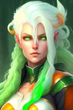 fantasy setting, woman with orange and white hair, white hair, green eyes