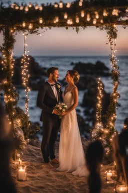 Photo Of A Wedding At The Ocean, Smileing Couple, Fairy Lights, Photorealistic, 8k, Nikon D